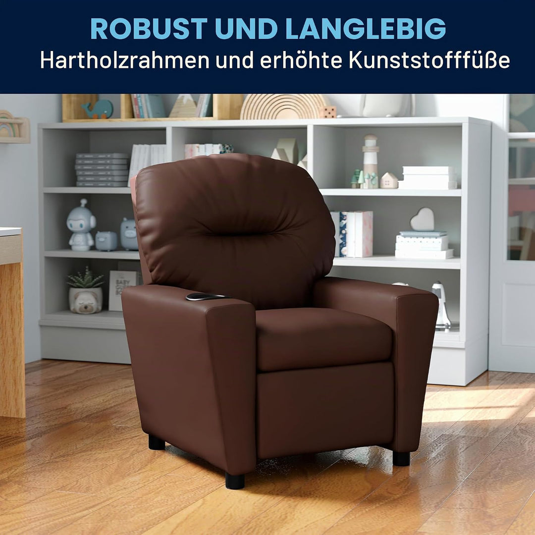 Flash Furniture Lehnsessel für Kinder, modern, mit Becherhalter, Leder, braunes LeatherSoft, 1 Stück
