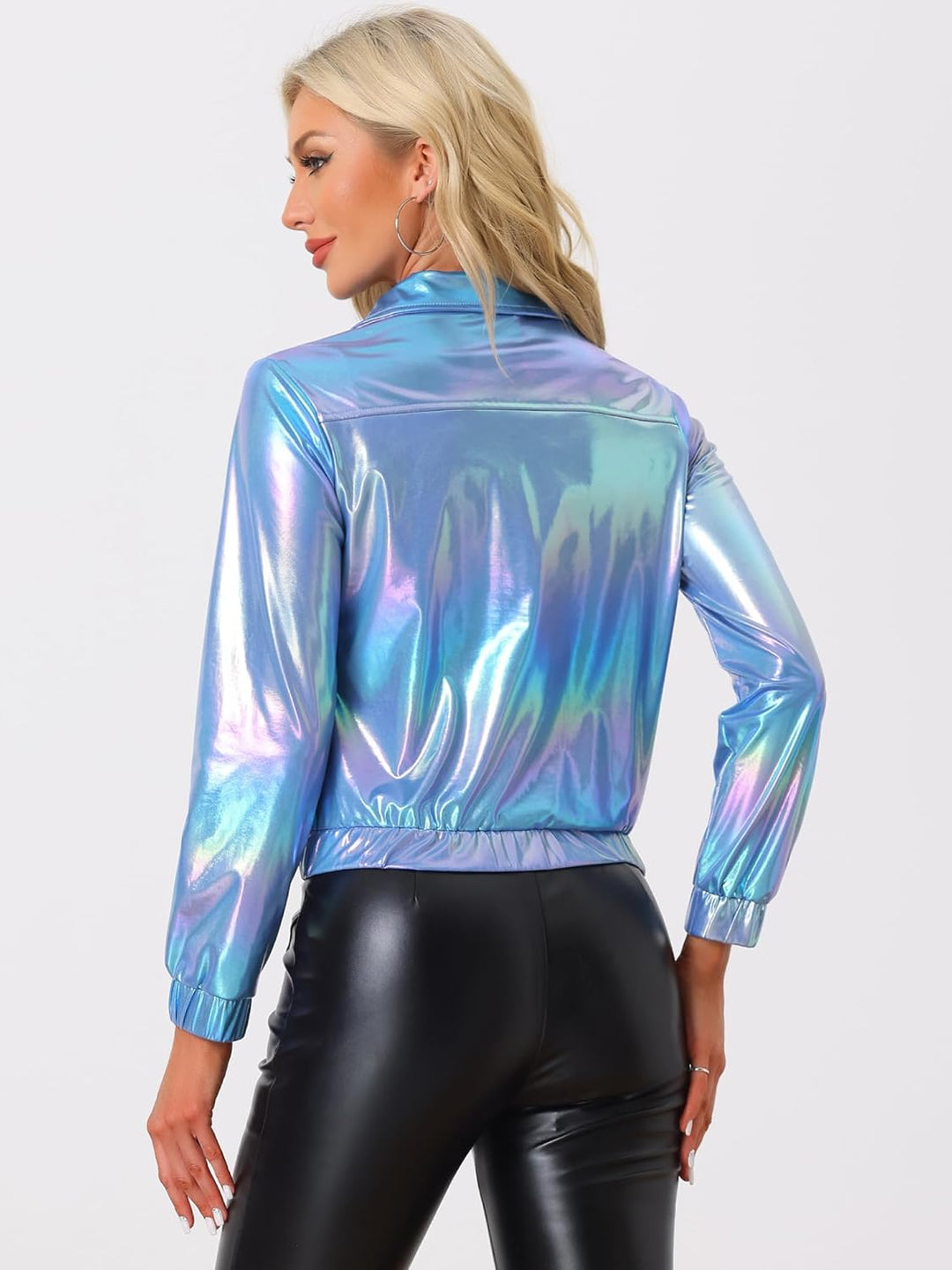 Allegra K Damen Metallic Jacke Party Langarm Reissverschluss Club Holographic Jacken L Blaues Hologr