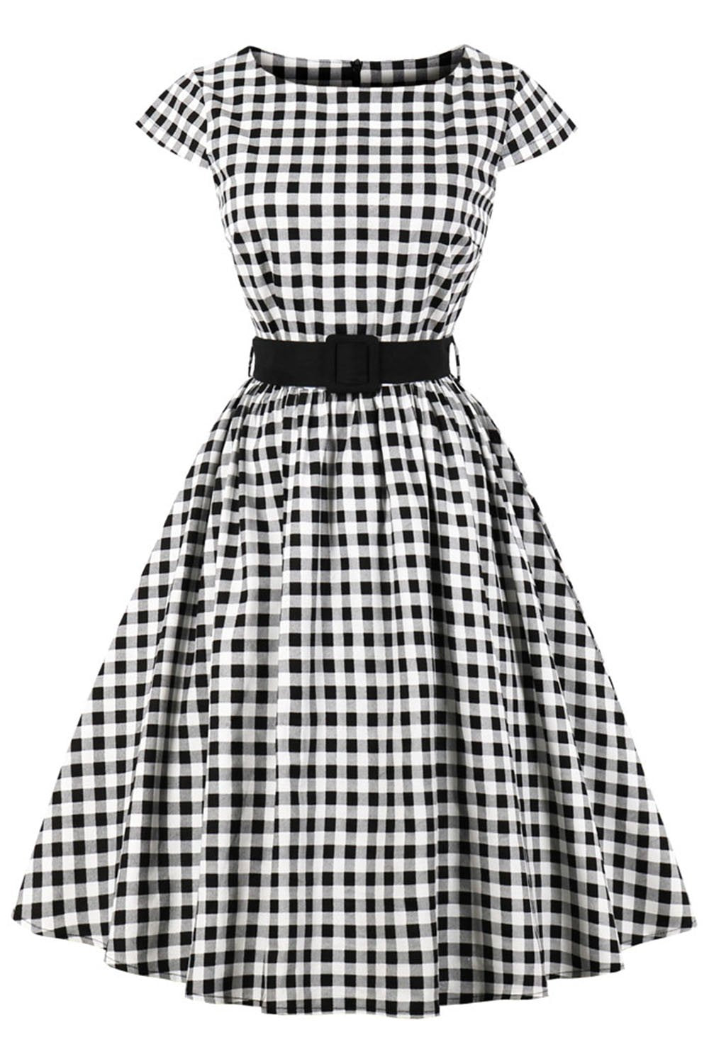 AXOE Damen Rockabilly Kleider 50er Jahre Baumwolle Gürtel L Weiss Karierter, L Weiss Karierter
