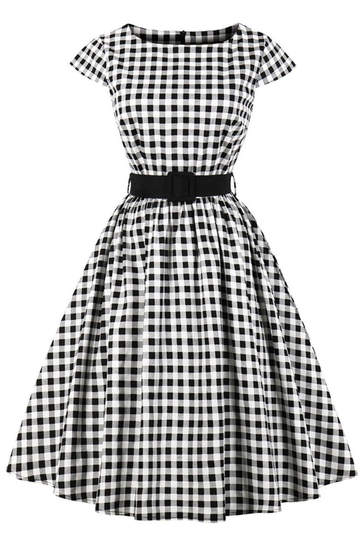 AXOE Damen Rockabilly Kleider 50er Jahre Baumwolle Gürtel L Weiss Karierter, L Weiss Karierter