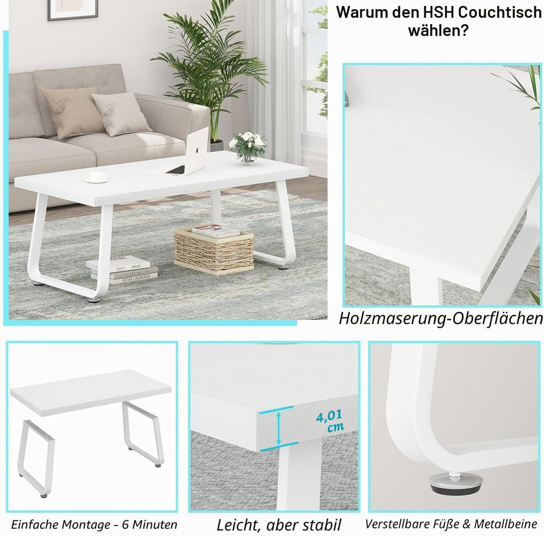HSH Couchtisch Weiss, Wohnzimmertisch aus Holz Metallgestell, Sofatisch, Tisch, Beistelltisch, Kaffe