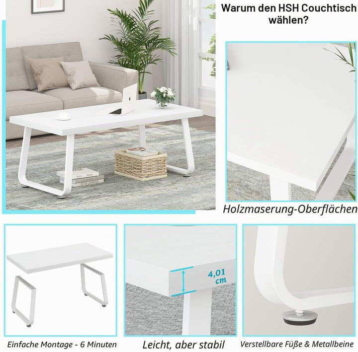 HSH Couchtisch Weiss, Wohnzimmertisch aus Holz Metallgestell, Sofatisch, Tisch, Beistelltisch, Kaffe