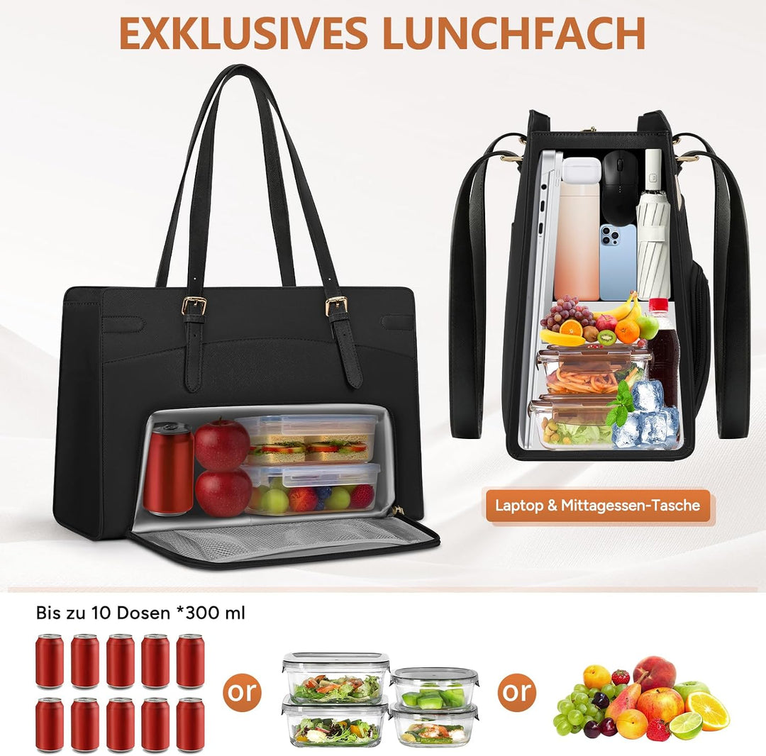 RAINSMORE Arbeitstasche Damen mit Isolierted Kühlfach Shopper Damen Schwarz, Schwarz
