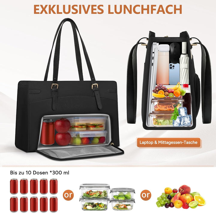 RAINSMORE Arbeitstasche Damen mit Isolierted Kühlfach Shopper Damen Schwarz, Schwarz