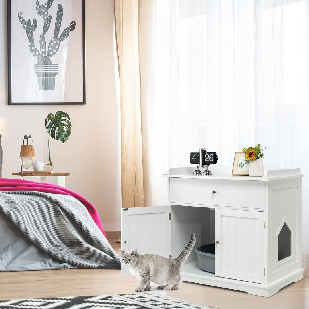 COSTWAY Katzenschrank mit Schublade & Tür & Eingang, 3-in-1 Katzenhaus Katzentoilette Beistelltisch,