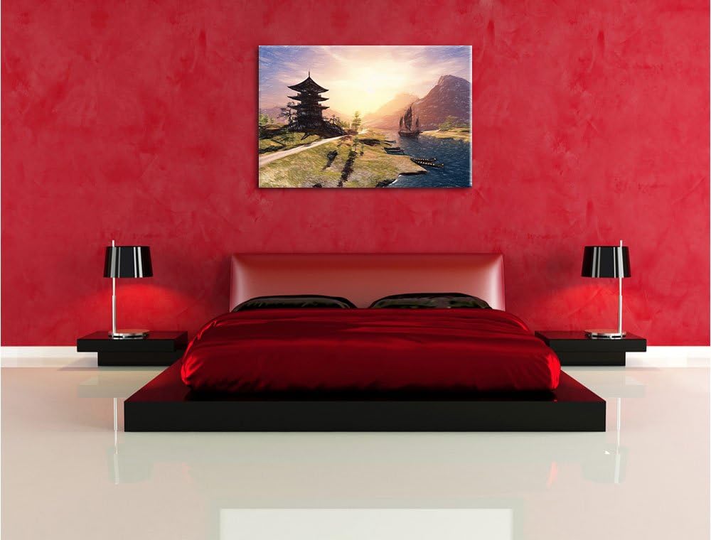 Pixxprint asiatischer Tempel an Fluss als Leinwandbild/Grösse: 100x70 / Wandbild/Kunstdruck/fertig b