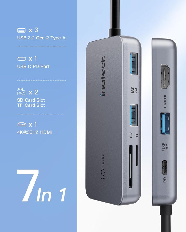 Inateck 7 in 1 USB C Hub mit 4K HDMI, PD 100W, 3 USB A 3.2 10Gbps, SD/TF Kartenleser, 50cm Kable, ko