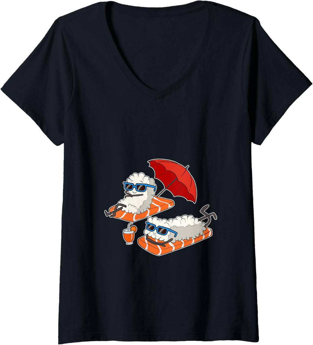 Damen Sommer Sushi Sashimi Maki Strand Urlaub Sonne Reis Snack T-Shirt mit V-Ausschnitt