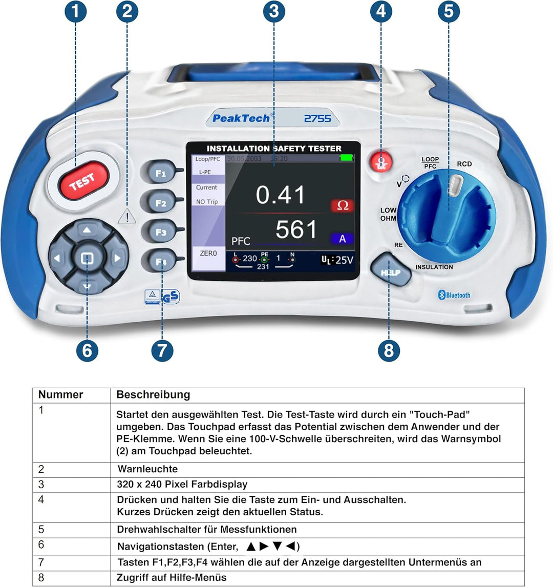 PeakTech 2755 – VDE-0100 Installationstester mit Bluetooth, USB & SD-Karte, Multifunktions Prüfgerät