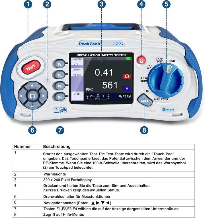 PeakTech 2755 – VDE-0100 Installationstester mit Bluetooth, USB & SD-Karte, Multifunktions Prüfgerät