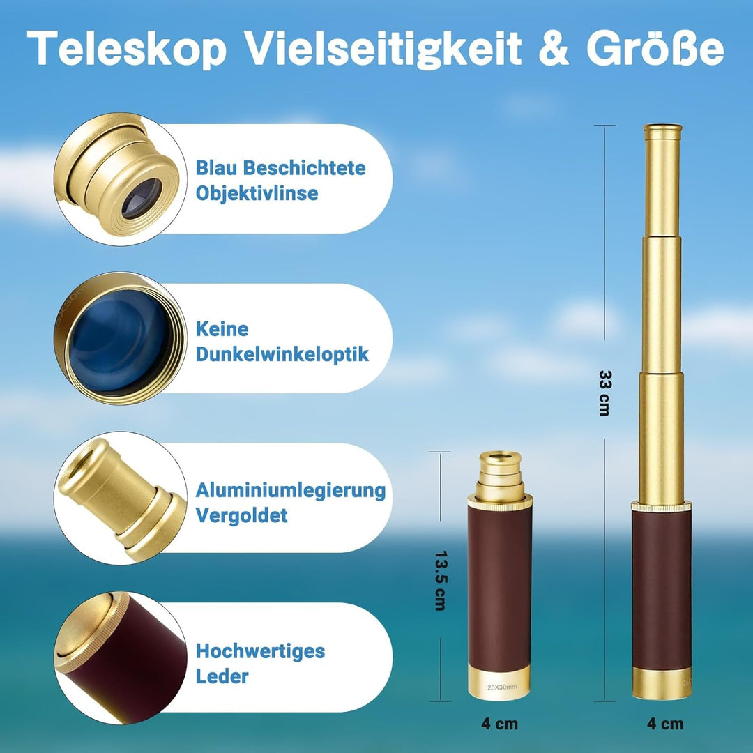 Laupha Retro Pirat Teleskop Monokular 25x30 Zoomable Vintage Kapitän Jack Spyglass BAK-4 Linse Fernr