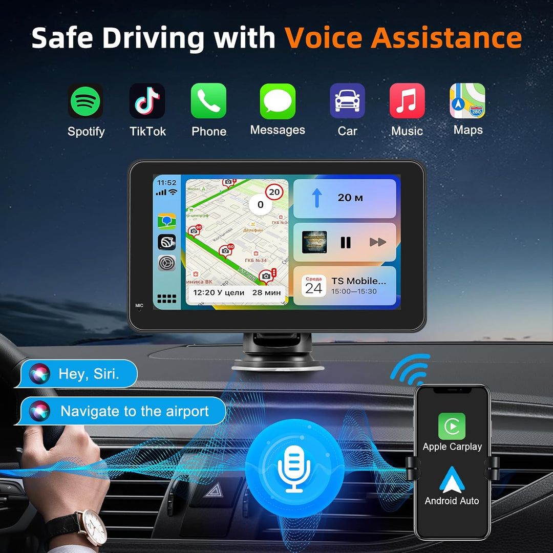 7 Zoll Wireless Carplay Display für Apple Carplay & Android Auto, Tragbares Autoradio mit 2.5D HD To