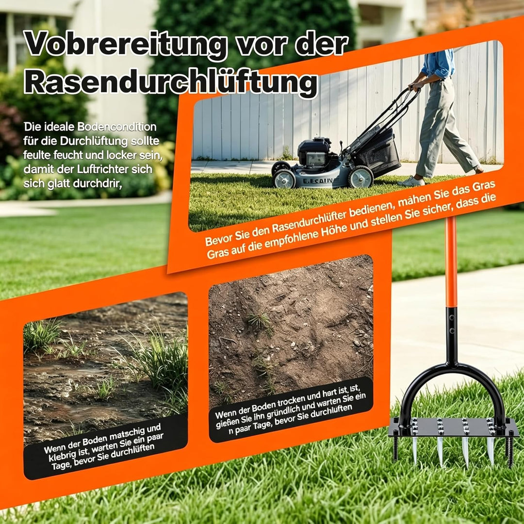 Rasenlüfter Aerifizierer für Rasen– Manuelles Rasen Belüften Gerät mit Doppelplatte, 16 Spikes& 4 Fe
