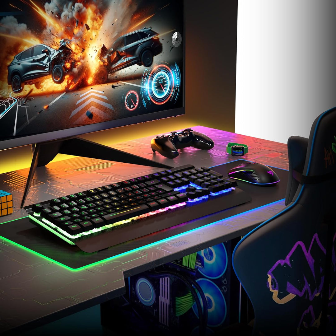 RisoPhy Gaming Tastatur Maus Set Kabellos, QWERTZ, Metallplatte, 7 Farben Beleuchtet, Wiederaufladba