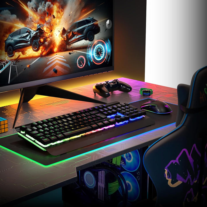 RisoPhy Gaming Tastatur Maus Set Kabellos, QWERTZ, Metallplatte, 7 Farben Beleuchtet, Wiederaufladba