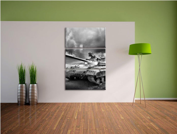 Pixxprint Panzer im Nebel 3Teiler 120x80 cm Leinwandbild Wandbild Kunstdruck