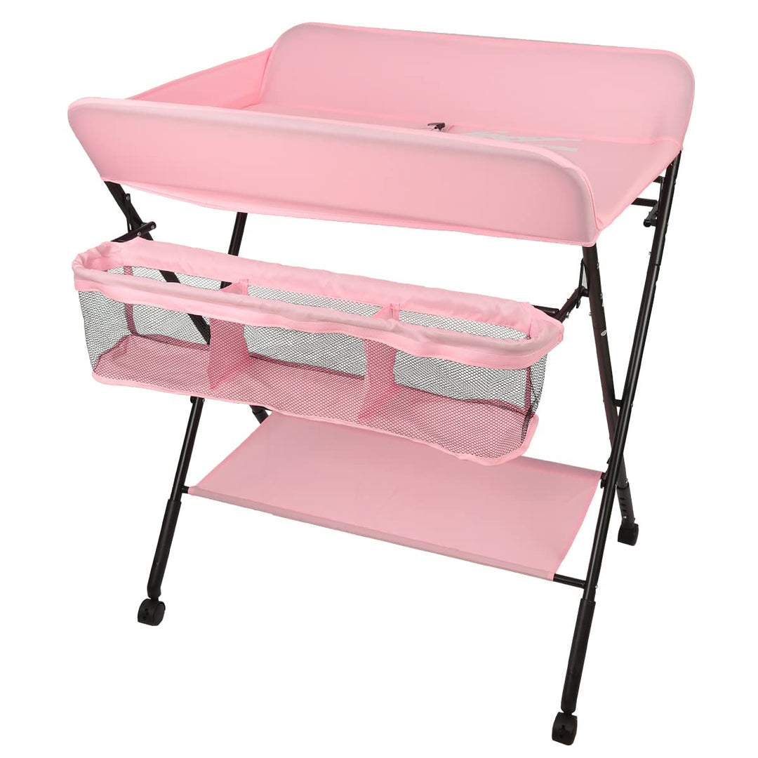 Wickelkommode Klappbar Babypflegetisch mit Sicherheitsgurt Ablagefächern, Mobiler Wickeltisch, Tragb