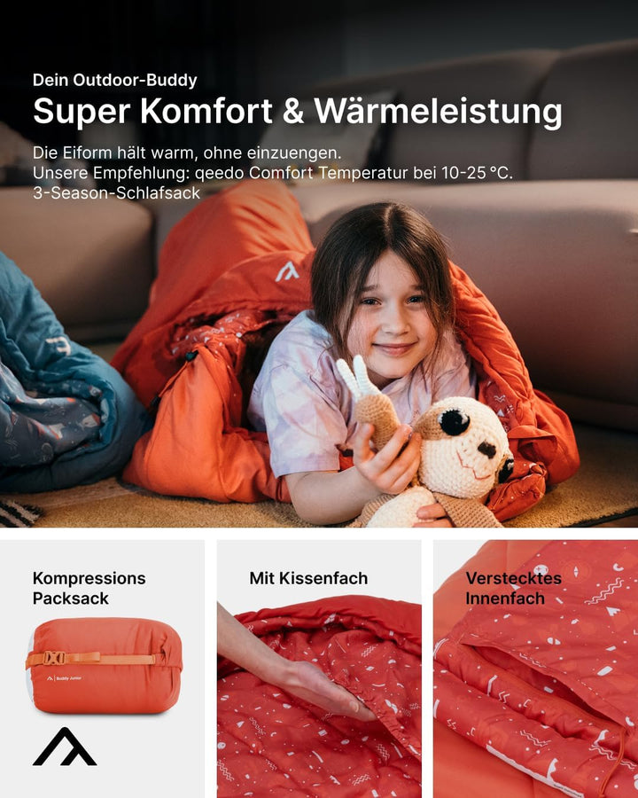 qeedo Buddy Junior Camping Schlafsack Kinder (10-25°C) 3 Jahreszeiten - Kinderschlafsack Mädchen Jun