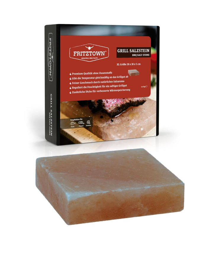 FRITZTOWN® Deluxe XL Grill Salzstein - 20x20x5 cm - 4,4 kg - Extra Stark - Feiner Geschmack durch Kr