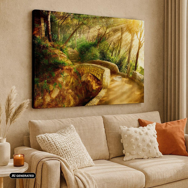 Bilder auf Leinwand 100x70cm Leinwandbild Pfad Steinbrücke Wald Herbst Gross Wanddeko Bild Schlafzim