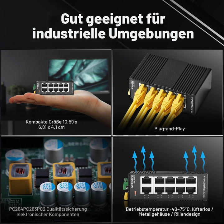 MokerLink 10 Port Gigabit Industrial DIN-Rail Ethernet Switch, Unmanaged IP40 Netzwerk-Switch (-40 b