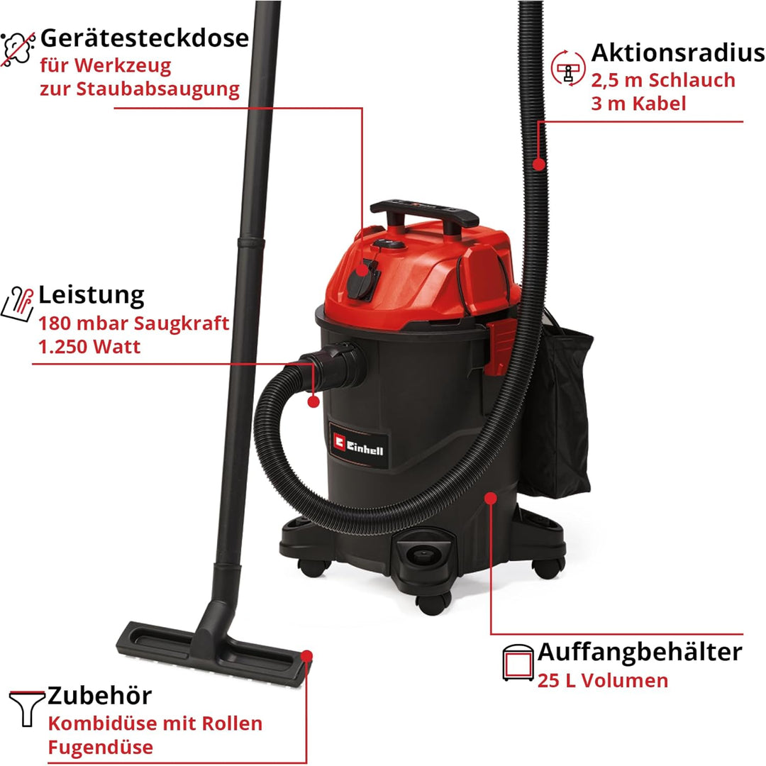 Einhell Nass-Trockensauger TC-VC 1825 A (1.250 Watt, 180 mbar Saugleistung, Automatiksteckdose, 25 L