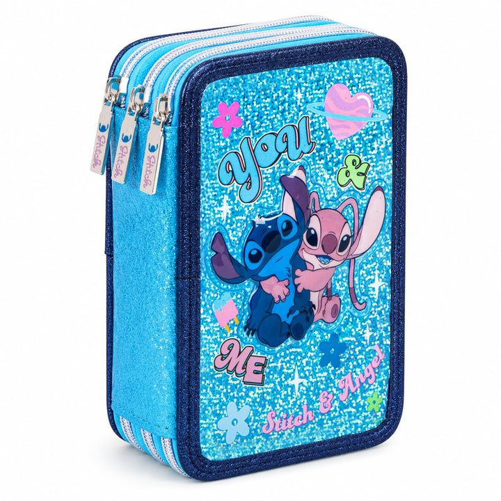 Stitch &amp; Angel 3D-Glitzer-Etui (2026–2027) mit 3 Reissverschlüssen – Luxuriöses Mäppchen mit 3 Fäche