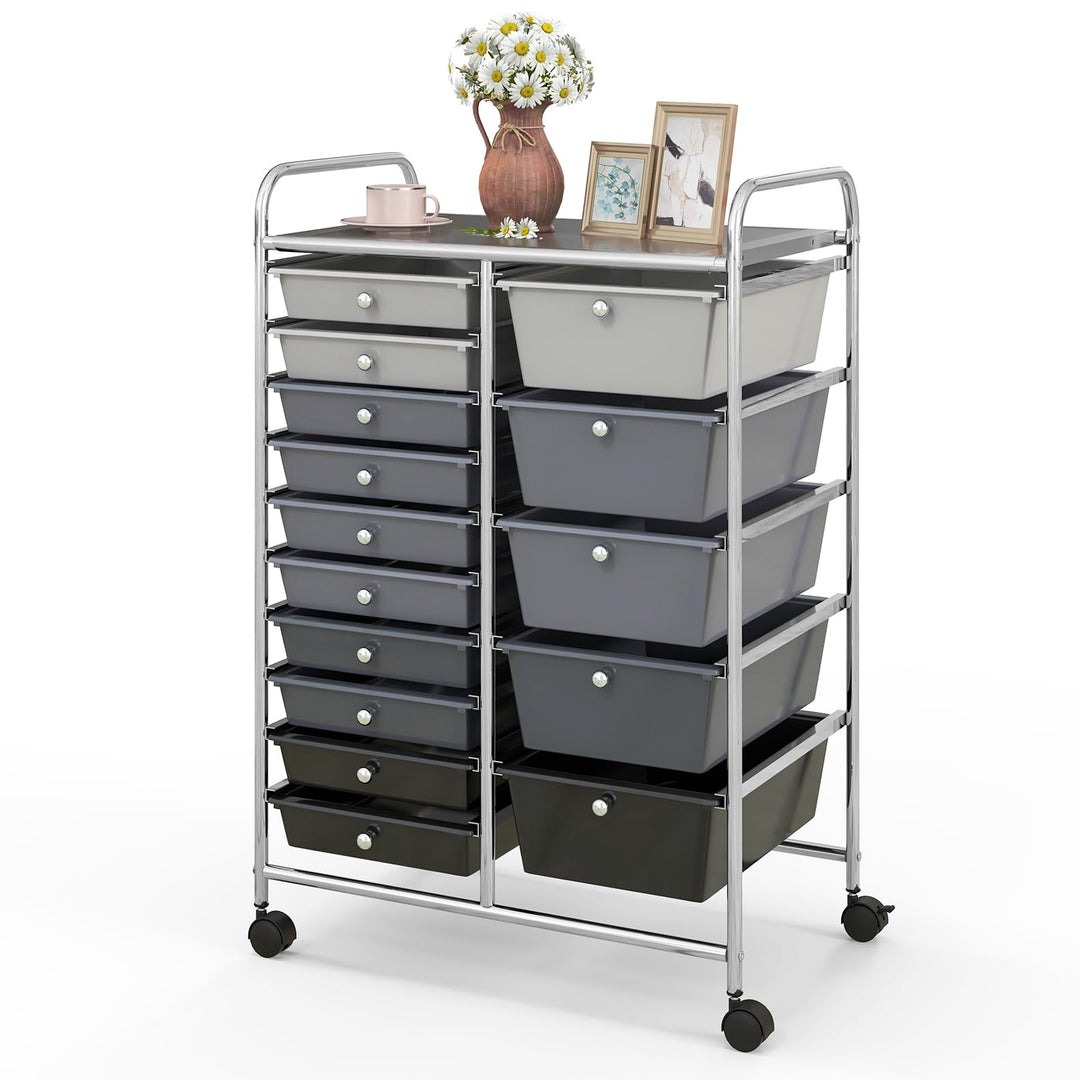 KOMFOTTEU Trolley mit 15 Schubladen, stapelbar, Verriegelungsrollen, metallschoniger Rahmen, für Bür