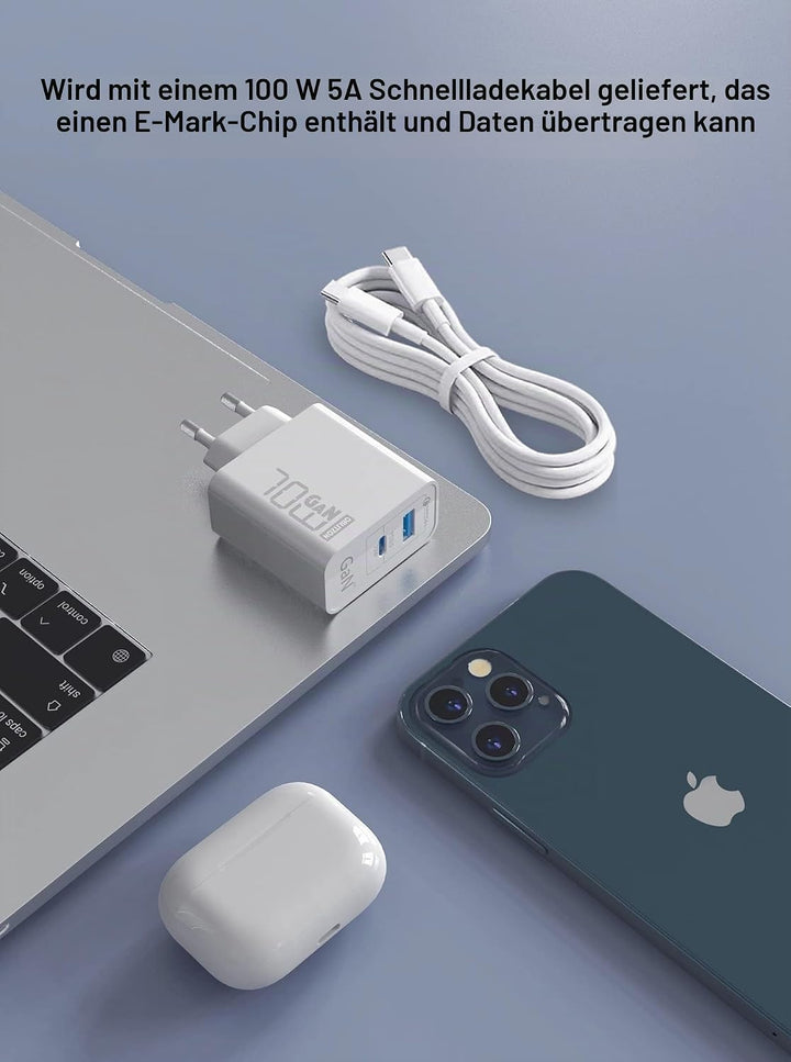 70W USB C Ladegerät, Type C PD GaN Netzteil mit 100W Schnellladekabel 2-Port USB C Netzteil (Funktio