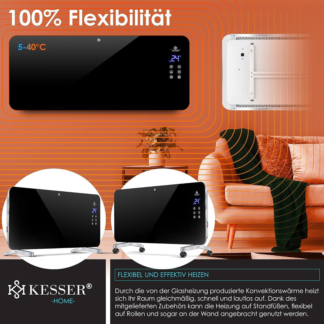 Kesser® Elektro Glasheizung Konvektor Elektroheizung Heizung Heizkörper (Schwarz), Schwarz