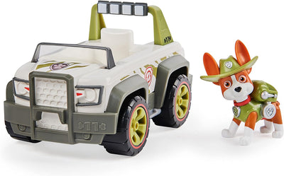 PAW PATROL, 10. Jubiläum, Dschungel-Fahrzeug mit Tracker-Figur (Basic Vehicle/Basis Fahrzeug), Spiel