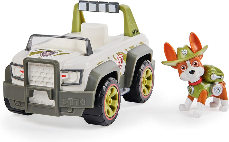 PAW PATROL, 10. Jubiläum, Dschungel-Fahrzeug mit Tracker-Figur (Basic Vehicle/Basis Fahrzeug), Spiel