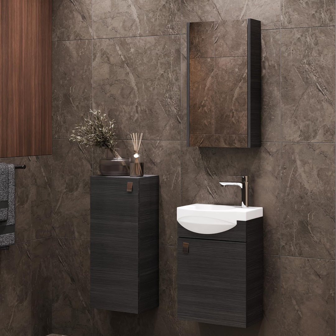 Planetmöbel Spiegelschrank in Anthrazit, Badmöbel für Badezimmer oder Gäste WC, 4 Fächer, Soft-Close