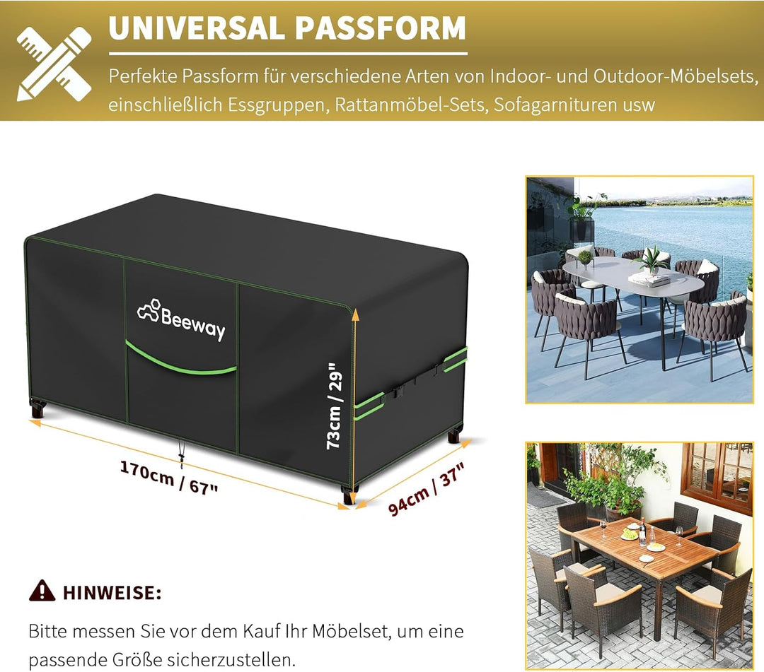 BEEWAY Gartenmöbel Abdeckung Wasserdicht V2.0 170x94x73cm, Schutzhülle Abdeckplane für Gartentische
