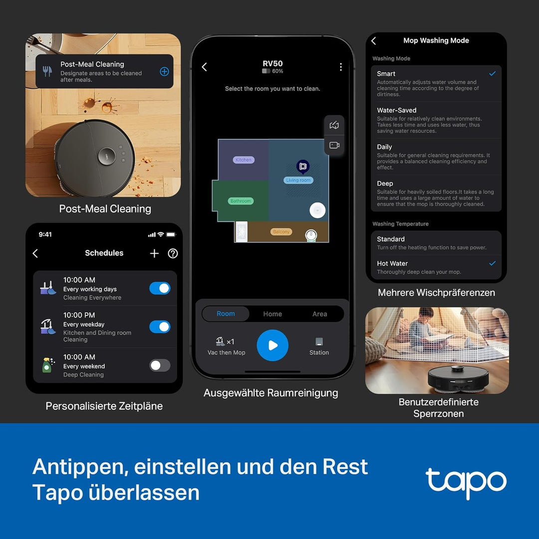 Tapo RV50 Pro Omni Saugroboter mit Wischfunktion, 15.000 Pa, Heisswasserwäsche bei 60 °C & Selbsttro
