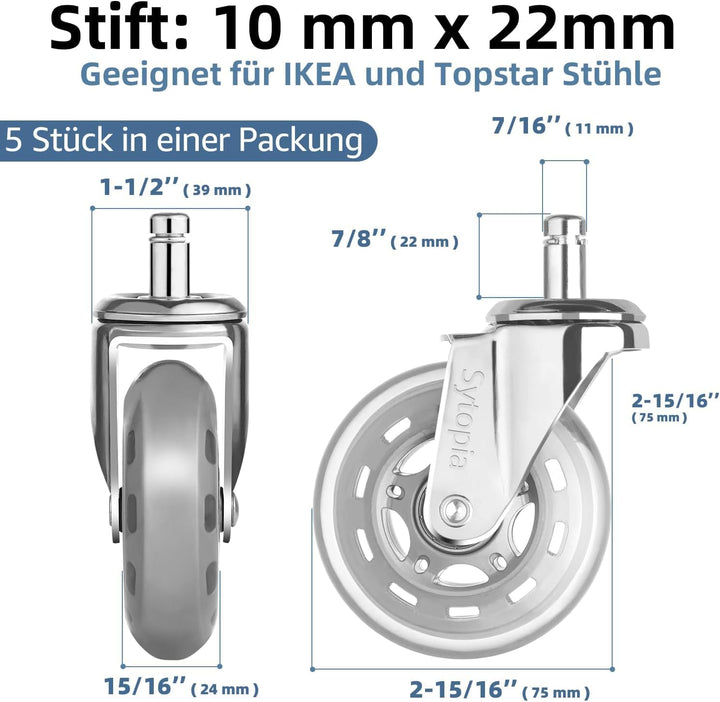 Sytopia Bürostuhlrollen 10mm x 22 mm,Super Leise und Weiche, 5er Set Rollen für Bürostühle, geeignet