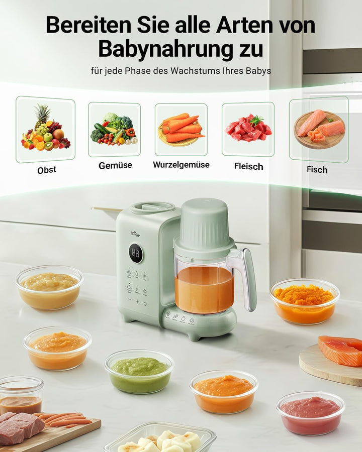 Bear 6-in-1 Dampfgarer mit Mixer Premium Babynahrungszubereiter,Dämpfen, automatisches Rühren, Milch