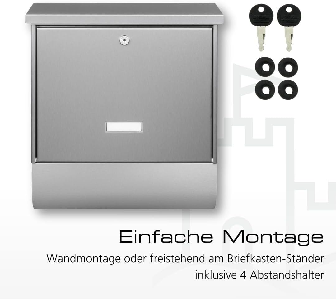 BURG-WÄCHTER Briefkasten mit Zeitungsfach und Namensschild, Rostfreier Edelstahl, Einwurf-Format DIN