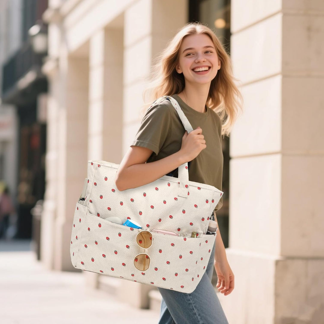 LEDAOU Strandtasche Damen, Grosse Cord Tote Bag mit wasserdichtem Nassfach Beige Erdbeeren, Beige Er