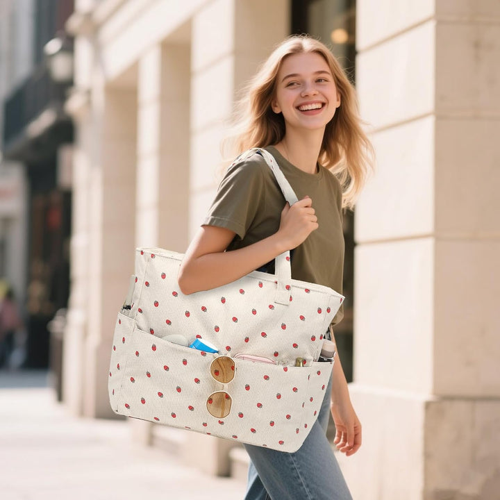 LEDAOU Strandtasche Damen, Grosse Cord Tote Bag mit wasserdichtem Nassfach Beige Erdbeeren, Beige Er