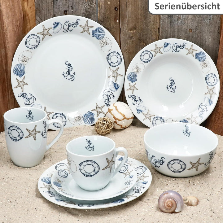 MamboCat Neptun 6er Set Suppenteller I 180ml I Porzellan-Teller mit maritimen Motiven Anker, Muschel