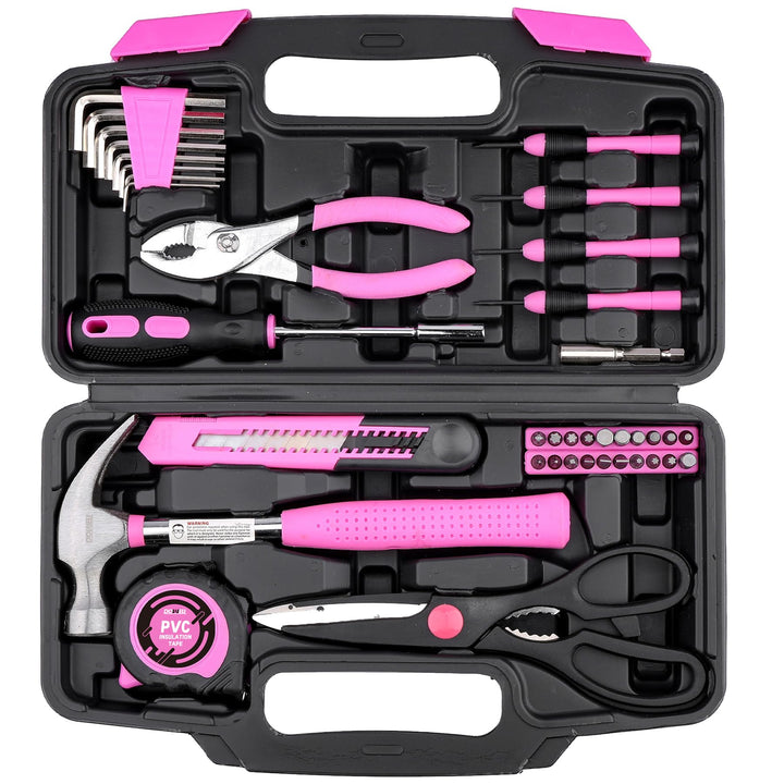 DOWELL 40 Stück Heimwerkzeugsatz Allgemeines Haushaltshand-Pink-Werkzeugset mit Kunststoff-Werkzeugk