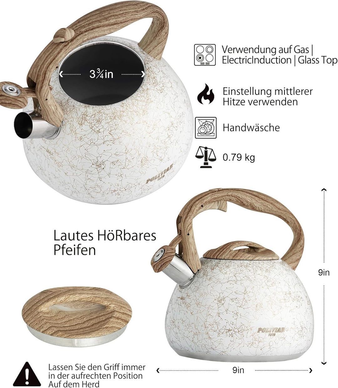 Poliviar Moderne Wasserkessel Induktion, Edelstahl Pfeifkessel, Teekessel für alle Kochplatten, Flöt
