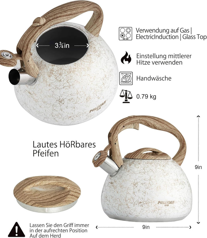 Poliviar Moderne Wasserkessel Induktion, Edelstahl Pfeifkessel, Teekessel für alle Kochplatten, Flöt