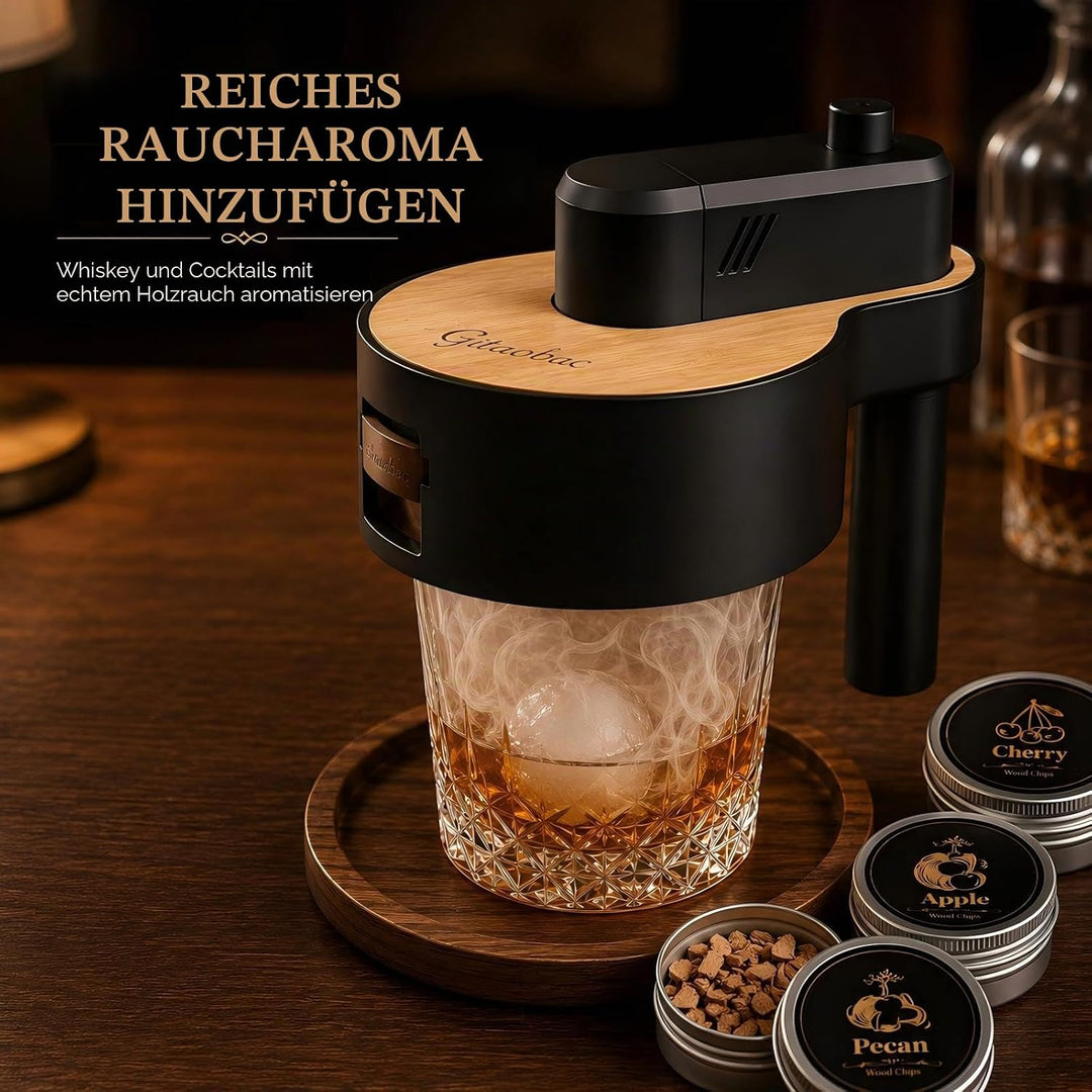 Whiskey-Smoker-Set mit integriertem Feuerzeug, 6 Sorten Holzspäne, 2 Gläser, 2 Eisballformen, Cockta