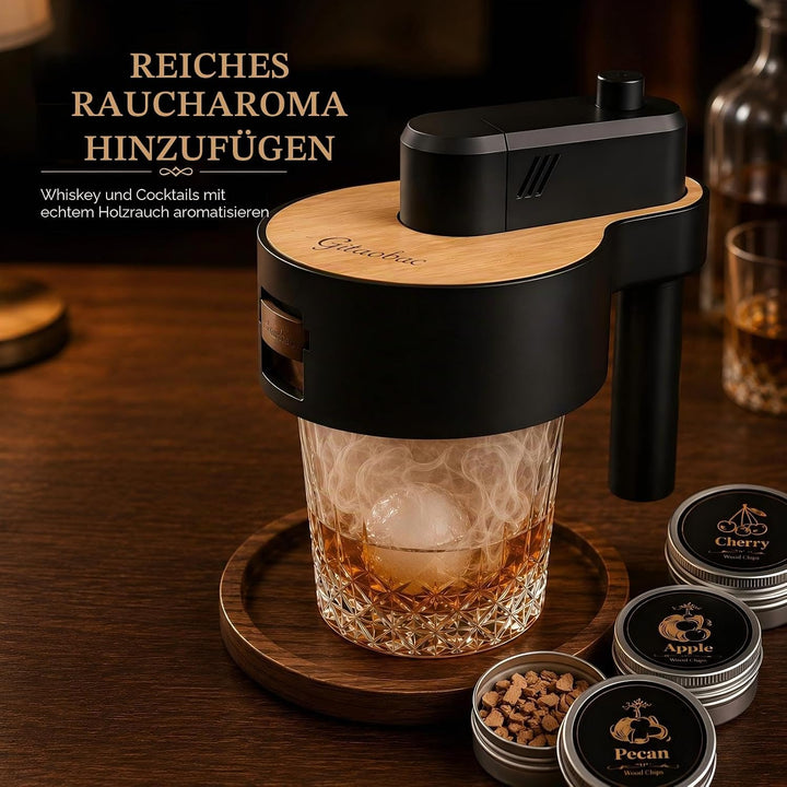 Whiskey-Smoker-Set mit integriertem Feuerzeug, 6 Sorten Holzspäne, 2 Gläser, 2 Eisballformen, Cockta