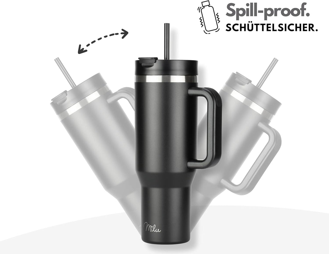 Milu Thermobecher 1200ml mit Strohhalm und Henkel – 48h Eis/24h kalt/12h heiss Edelstahl Tumbler 40o
