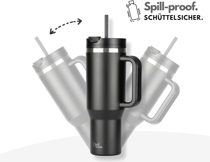 Milu Thermobecher 1200ml mit Strohhalm und Henkel – 48h Eis/24h kalt/12h heiss Edelstahl Tumbler 40o