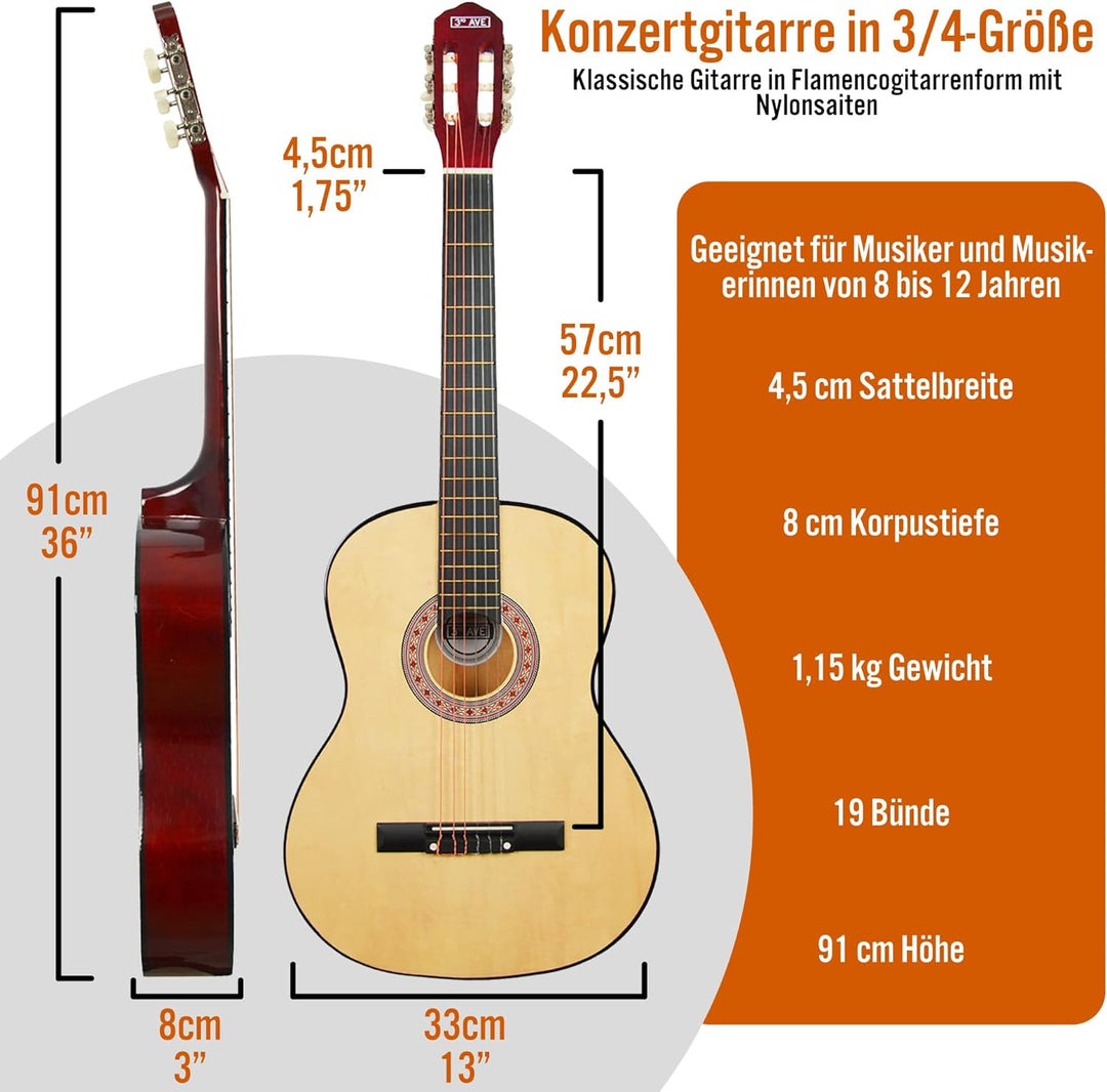 3rd Avenue 3/4 Flamencogitarren-Starterset in Kindergrösse mit Nylonsaiten – mit Tasche, Saiten – in