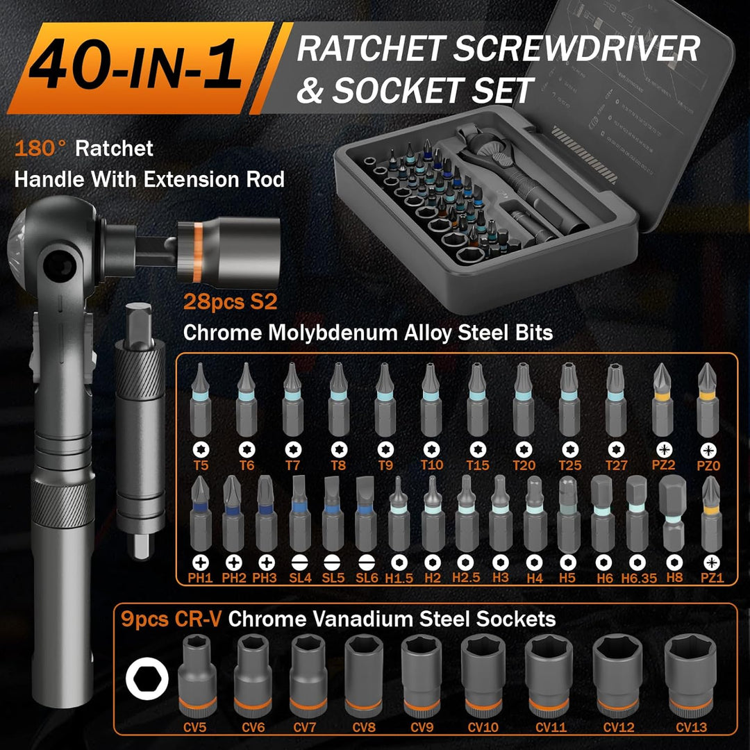 40-in-1 Ratschen Schraubendreher Set, Ratschenschraubendreher mit 28 S2 Stahl Bits &amp; 9 CRV Steckschl